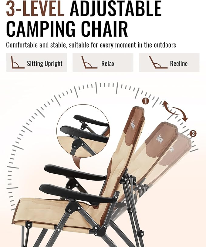 KingCamp Folding Camping Chair Adjustable 3-Position, Reclining Outdoor High Back Camp Chair with Hard Armrests, Heavy Duty Portable Chair, Dual-Layer Padded Seat & Storage for Camping, Lawn, Backyard
