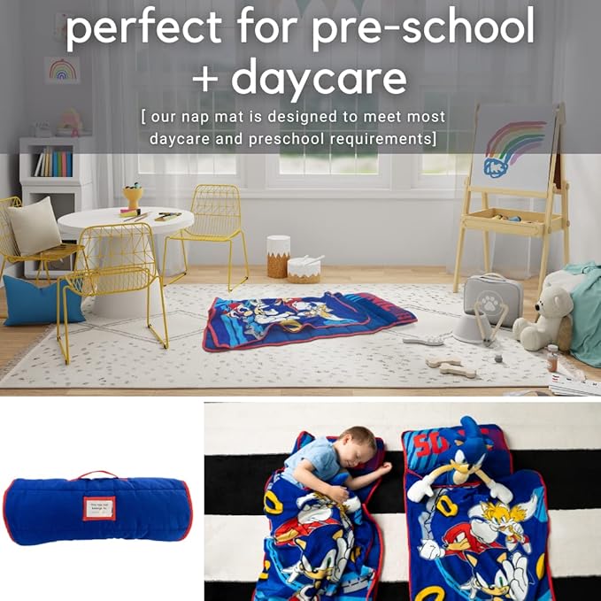 Sonic The Hedgehog 21"(W) X 45"(L) Soft Toddler Nap Mat with Pillow and Blanket Perfect for Preschool, Daycare, and Travel (100% Official Licensed Product)