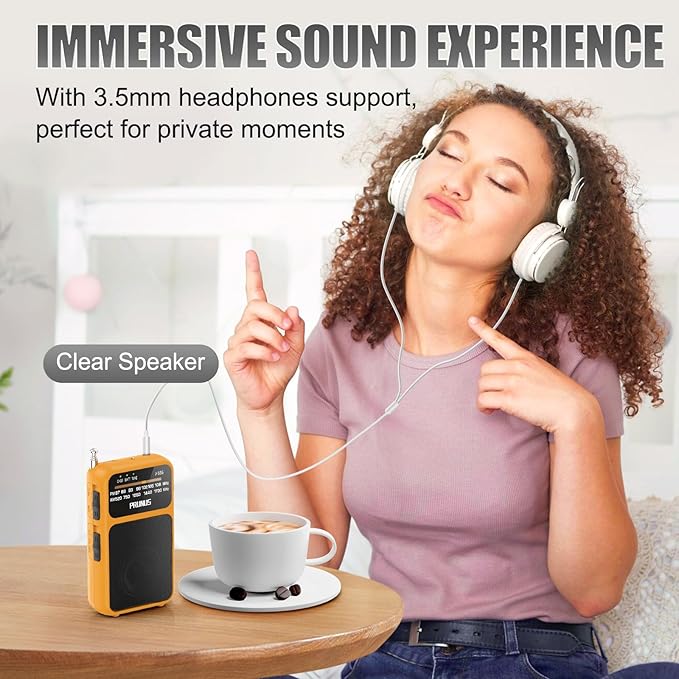 PRUNUS J-555 Pocket Radio AM FM USB-C Charging& Battery Operated, Excellent Reception& Clear Speaker and Headphone Jack, Back Clip, Flashlight, Transistor Radios, Portable Radio AM FM, Mini Radios
