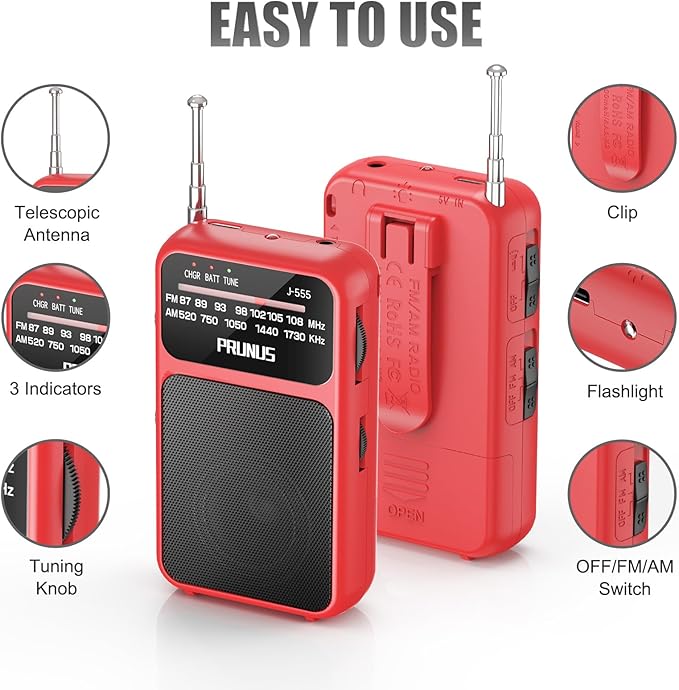PRUNUS J-555 Pocket Radio AM FM USB-C Charging& Battery Operated, Excellent Reception& Clear Speaker and Headphone Jack, Back Clip, Flashlight, Transistor Radios, Portable Radio AM FM, Mini Radios
