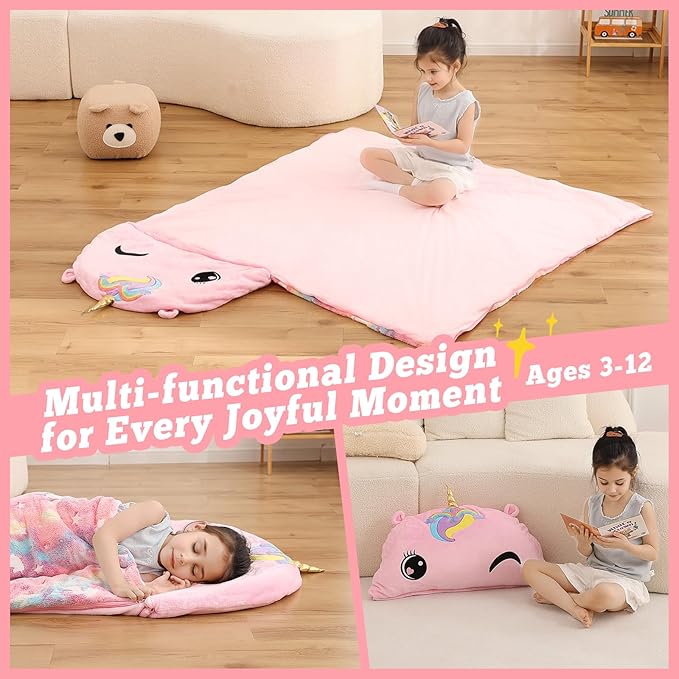 Kids Sleeping Bag, Plush Toddler Slumber Bag 2-in-1 Pillow, Soft Sleeping Bag, Nap Mats for Preschool,Daycare,Travel,Gift, Ages 3-12