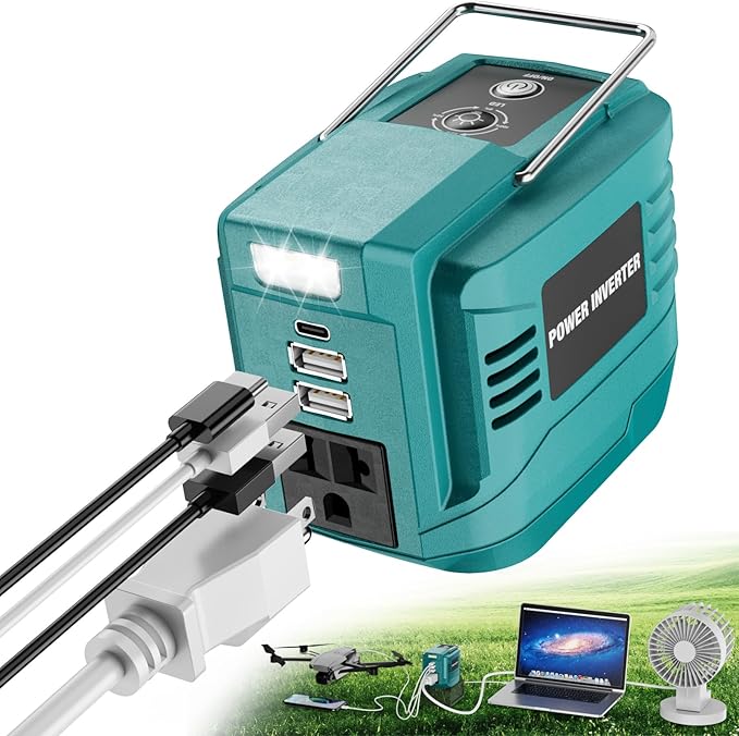 VAXCANZE 200W Power Inverter for Makita, DC 18V to AC 110V Inverter, Portable Power Station with 2 USB Ports & 1 AC Outlet & 1 Type-C Fast Charging, Battery Adapter with LED, Battery Not Included