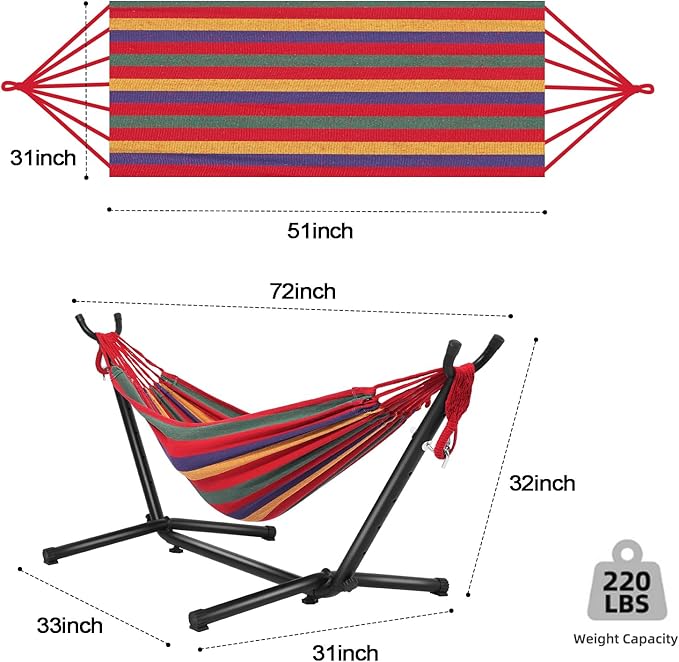 Goutime Children's Hammock with Stand, 220 lb Capacity, with Portable Carrying Bag, Kids Hammocks for Indoor, Outdoor, Patio, Deck, Yard, Beach (Red Stripe, Child Size)