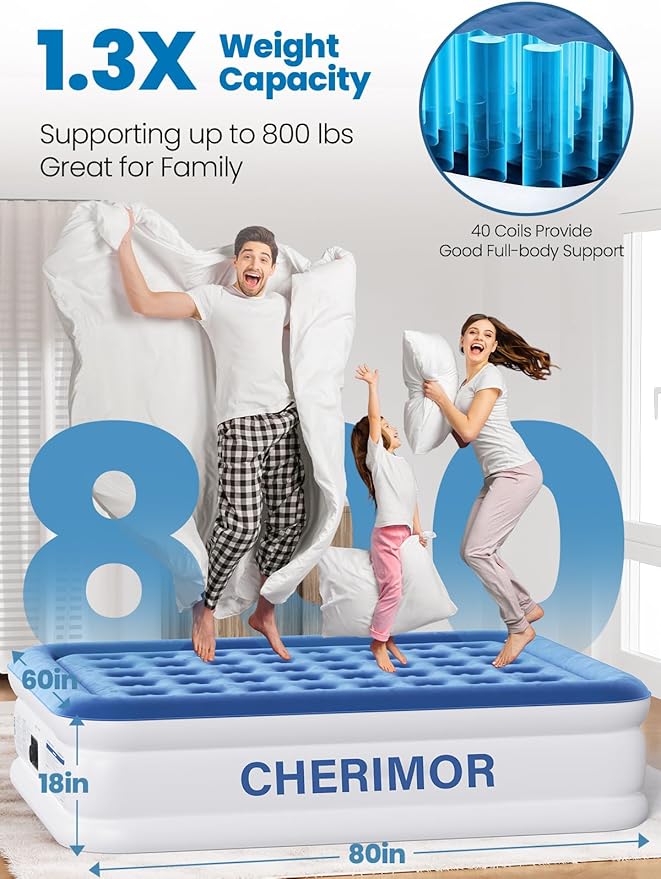 CHERIMOR Queen Air Mattress with Built-in Pump, 18" Raised Comfort, 48Hr Leak-Proof Test, Upgraded Honeycomb Pillar Design, Supports 800 lbs, 3-Min Inflation-Inflatable Bed for Home Guests-Blue