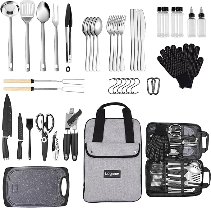 Logcow Camping Kitchen Utensil Set Outdoor Cooking Set Accessories Camping Cookware Kit for Travel, RVs, BBQs Stainless Steel Portable Camping Essentials Cooking Knife Set