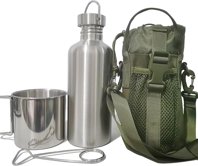 Survivor 3-in-1 Outdoor Canteen - 42oz Single Wall Water Bottle with 24oz Nesting Camping Cup & Carrying Bag | 18/8 Stainless Steel | Wide Mouth Design | Outdoor Survival Bushcraft Gear