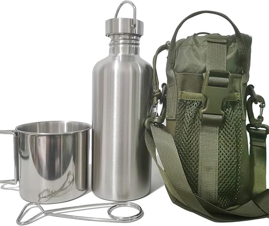 Survivor 3-in-1 Outdoor Canteen - 42oz Single Wall Water Bottle with 24oz Nesting Camping Cup & Carrying Bag | 18/8 Stainless Steel | Wide Mouth Design | Outdoor Survival Bushcraft Gear