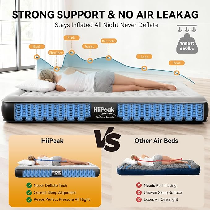HiiPeak Queen Air Mattress Bed with Removable Multi-function Air Pump, Self Inflatable TPU ECO Blow Up Bed, All Night Stability No Lost Air, No Peculiar Smell for Camping, Home, Guests Portable Travel