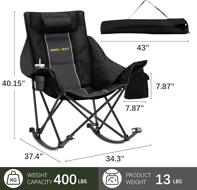 Unisakey Oversized Rocking Camping Chair with Headrest & Cup Holder - 400lbs Capacity, 600D Oxford Fabric, Easy Fold Portable Outdoor Rocker Chair for Camping, Backyard, Beach, Deep Gray