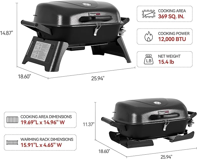 Royal Gourmet GT2006 Portable Tabletop Gas Grill, 12,000 BTU Output for Outdoor Camping, Foldable Legs, Piezo Ignition, Built-in Thermometer, for Tailgates and Camping Trips, Dark Gray