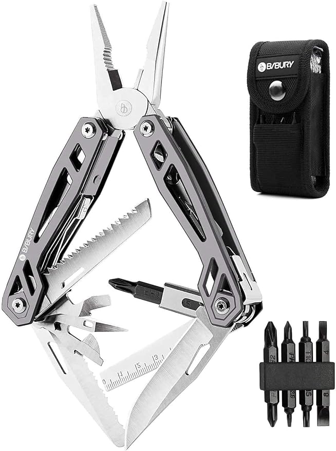 BIBURY Multitool with Pocket Knife, 21-in-1 Stainless Steel Pliers with Screwdriver, Safety Locking Multi tools with EDC Knife for Survival, Camping, Fishing, Repair, Birthday Gifts for Men Women