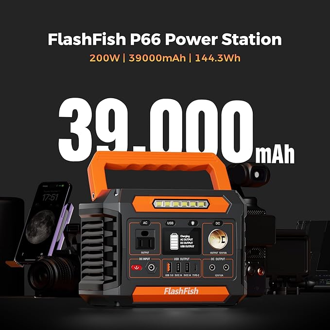 FF Flashfish Solar Generator With Solar Panel, 144.3Wh/39000mAh Electri Generator With 60W Solar Panel with, Emergency Power Supply with AC/DC/USB/Type C/LED Lights for Camping, Home, Power Outage