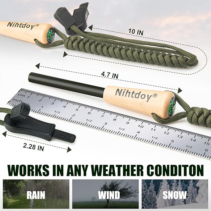 Ferro Rod Fire Starter Kit – Carbon Steel Striker & Compass-Integrated Hardwood Handle | Flint and Steel Survival Tool for Camping, Hiking, Bushcraft & Emergency