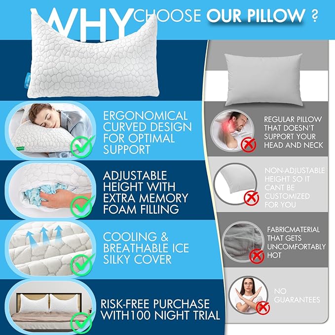 Cooling Pillow Queen Size Set of 2, Adjustable Bed Pillows for Sleeping, Luxury Shredded Memory Foam Side Sleeper Pillows 2 Pack, Cool No Flat Firm Cervical Neck Pillow for Side Sleepers Neck Pain