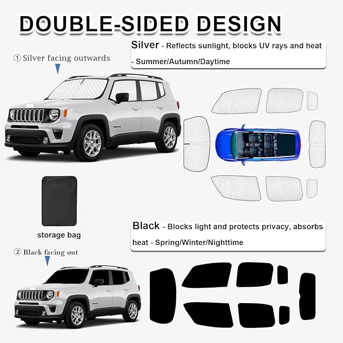 KMF 8pcs Thicken Sun Shades for Jeep Renegade 2015-2024 Accessories, Windshield Sunshade Full Car Window Covers for Side Rear, UV Block and Privacy Blackout for Camping Outdoor