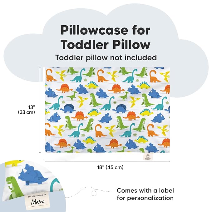 KeaBabies Toddler Pillowcase 13"x18" - Organic Cotton Toddler Pillowcase for Kids, Boys,Girls,Soft & Durable Cotton Cover for Miniature Sleepy Pillows,Cute Colors,Pillow Sold Separately(Happy Dino)