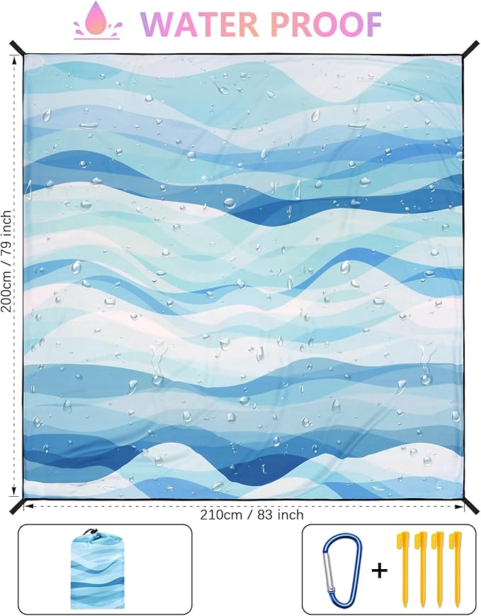HIHOHO Beach Blanket Waterproof Sandproof Beach Mat for 1-8 Adults Quick Drying Durable Outdoor Picnic Mat for Beach Festival Travel Camping Hiking (Ocean Wave-Multi Blue, 79"×83"(4 Person))