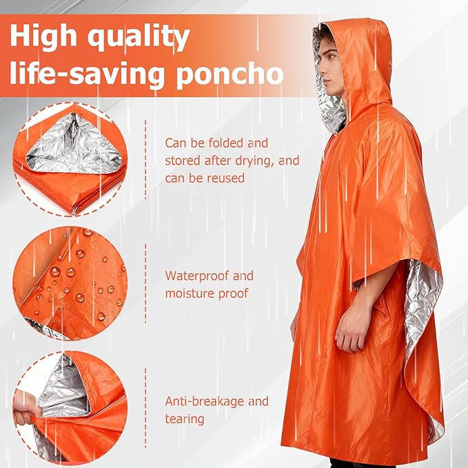 4 Pack Emergency Rain Ponchos, Emergency Insulation Blanket, Portable Outdoor Kit, Hurricane Preparedness Items, Waterproof, Windproof, Suitable For Camping Gear, Outdoor Travel(Orange)