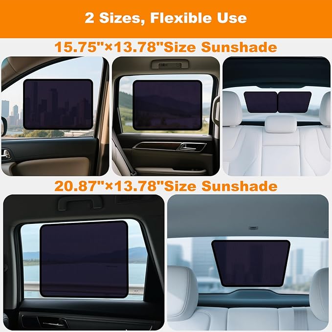 Car Window Shades – Static Cling Sun Shade for Front & Rear Side Windows – 2 Sizes (15.75" x 13.78" & 20.87" x 13.78") – Car Privacy Window Covers with Glare Blocker – No Tools Needed