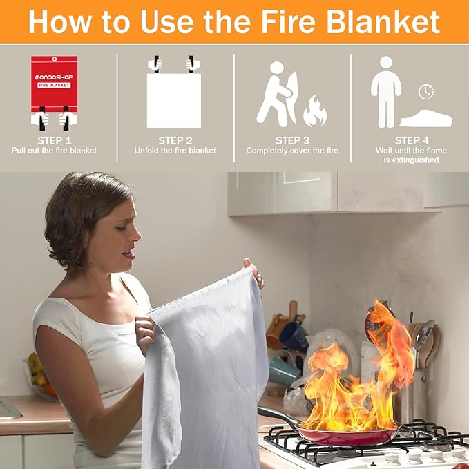 Mondoshop Silicone Fire Blanket for Home - 2Pack 40"x40" Emergency Fire Blankets for Kitchen, Fire Retardant Blankets for Car, Camping, Grill, Office, Warehouse, School, Picnic