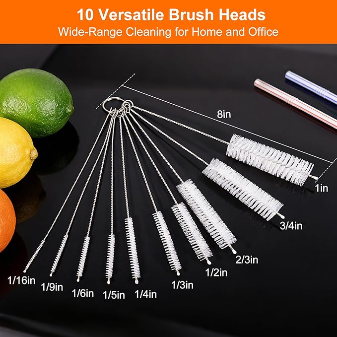 8 Inch Extra Long Straw Cleaner Brush Set, 10 Pack Reusable Straw Cleaning Brushes for Tumbler, Metal Straws，Bottle Drinking Straws，Computer Keyboard, Desktop Cleaning