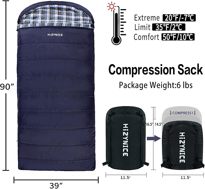 HiZYNICE Cold Weather Sleeping Bag 100% Cotton Flannel XXL for Adults Big and Tall,Free Compression Sack