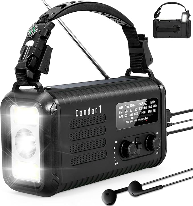 Emergency Weather Radio (Condor 1) NOAA/AM/FM with 74000mWh Portable Radio, USB-C/Solar/Hand Crank Charging, SOS Alarm, Flashlight, Reading Lamp & Survival Handle Kit for Indoor/Outdoor Emergency