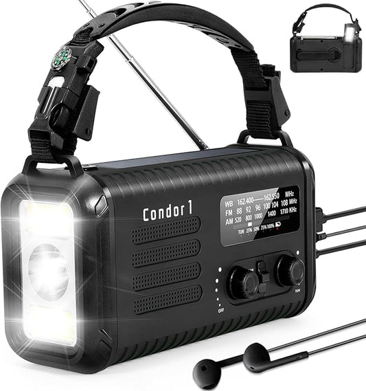 Emergency Weather Radio (Condor 1) NOAA/AM/FM with 74000mWh Portable Radio, USB-C/Solar/Hand Crank Charging, SOS Alarm, Flashlight, Reading Lamp & Survival Handle Kit for Indoor/Outdoor Emergency