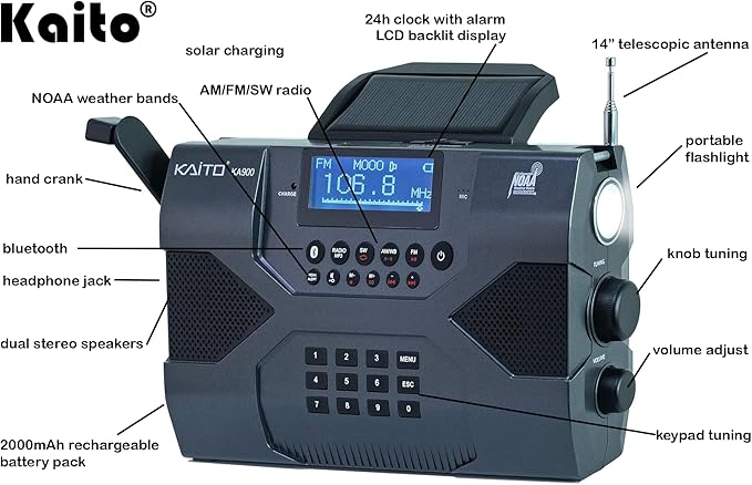 Kaito Emergency Radio Voyager Max KA900 Digital Solar Dynamo Crank Wind Up AM/FM/SW & NOAA Weather Stereo Radio Receiver with Bluetooth, Real-time Alert, MP3 Player, Recorder & Phone Charger, Black