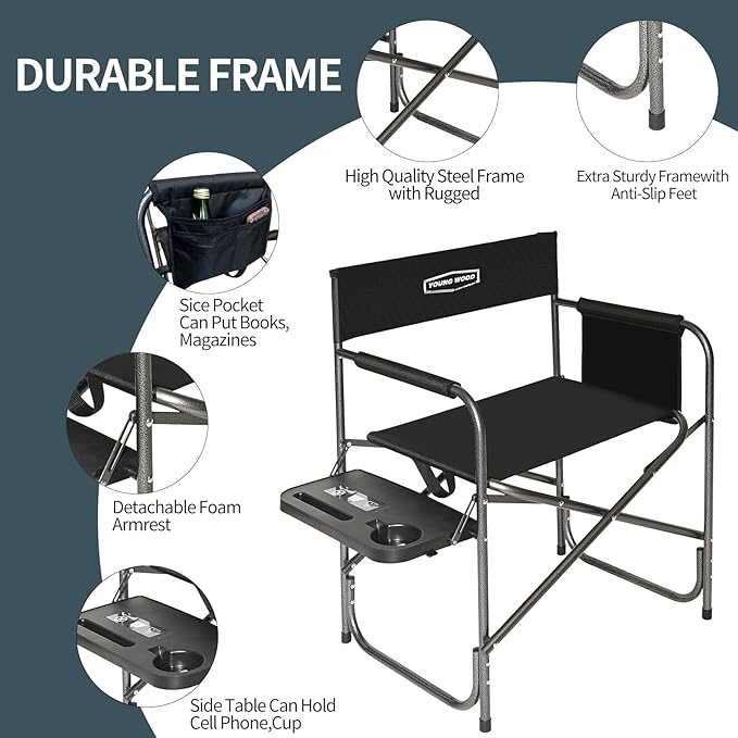 YOUNG WOOD Camping Directors Chair with Side Table, Foldable and Portable, Fishing,Trip,Picnic,Hike，Lawn,Sports,Beach,Outdoor Camping Chair for Adults,Drink Holder and Mobile Storage,2p