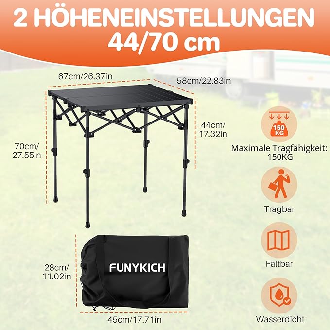 FUNYKICH Folding Camping Table(L26.4''xW22.8''), Aluminum Roll-up Portable Picnic Table with 2 Adjustable Height(17.3'' & 27.6'') for Picnic, Camping, BBQ, Party, Backyard, Beach