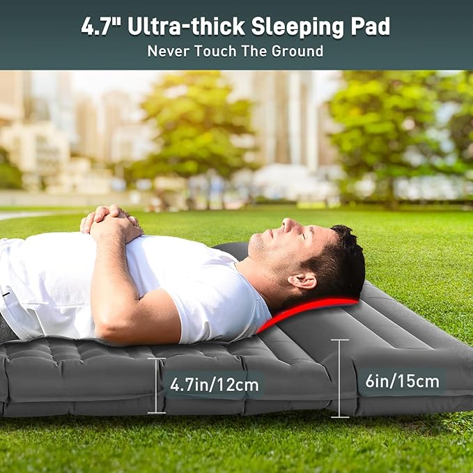 Elegear CumbreX™ Double Sleeping Pad for Camping, 4.7" Ultra-Thick Inflatable Camping Sleeping Pad 2 Person with Built-in Foot Pump, Portable Camping Sleeping Mat for Backpacking Hiking Tent,Gray Full