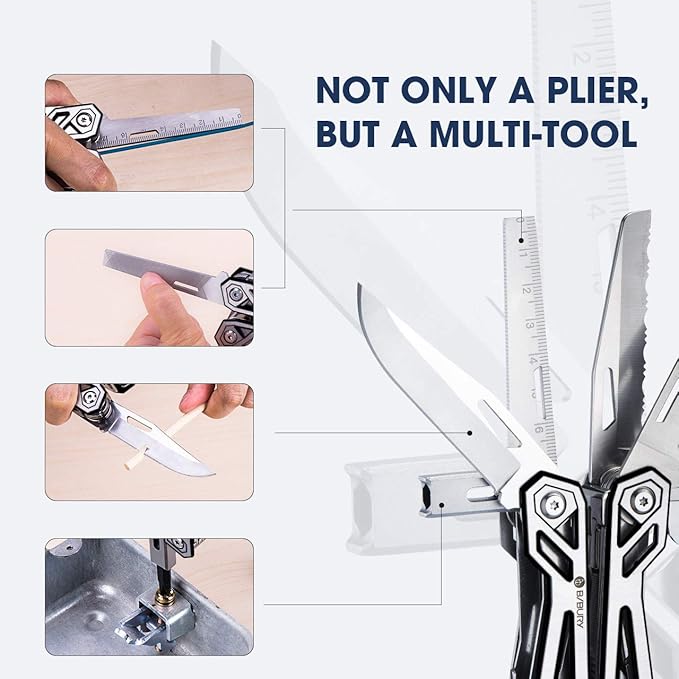 BIBURY Multitool with Pocket Knife, 21-in-1 Stainless Steel Pliers with Screwdriver, Safety Locking Multi tools with EDC Knife for Survival, Camping, Fishing, Repair, Birthday Gifts for Men Women