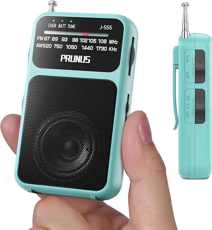 PRUNUS J-555 Pocket Radio AM FM USB-C Charging& Battery Operated, Excellent Reception& Clear Speaker and Headphone Jack, Back Clip, Flashlight, Transistor Radios, Portable Radios AM FM, Mini Radio