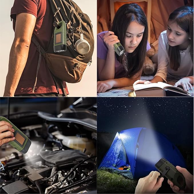 Hand Crank Solar Flashlight with USB Charing, Emergency USB Rechargeable LED Flashlight,Portable Handheld LED Survival Flashlight for Camping, Outdoor, Hiking Green