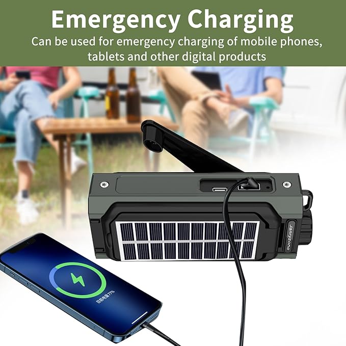 NOAA/AM/FM Weather Radio with Flashlight，Solar Hand Crank Radio,USB Type-C Charging, Cellphone Charger, SOS Alarm,Compass for Indoor Outdoor Emergencies
