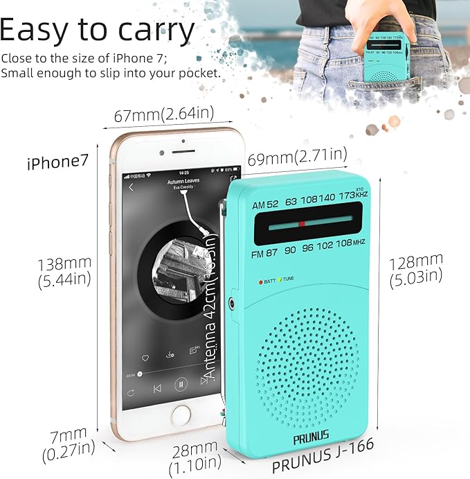PRUNUS J-166 Portable Radio AM FM, Gifts for Dad and Mom, Battery Operated Radio with Tuning Light, Back Clip, Excellent Reception, AM FM Radios Portable, Transistor Radios