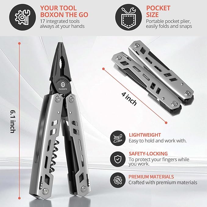 Multitool 17-in-1 Stainless Steel Multi Tool with Pocket Knife Needle Nose Pliers Bottle Opener Screwdriver Self-Locking Professional Multi-Tool for Outdoor Survival Gifts for Men((Silver)