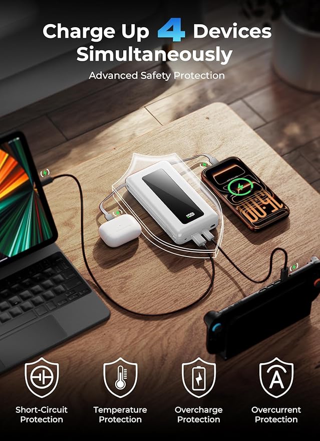 Portable Charger Power Bank, 50000mAh Travel Camping Essential Battery Pack with Built-in Cables, PD 22.5W Fast Charging, Ivory White