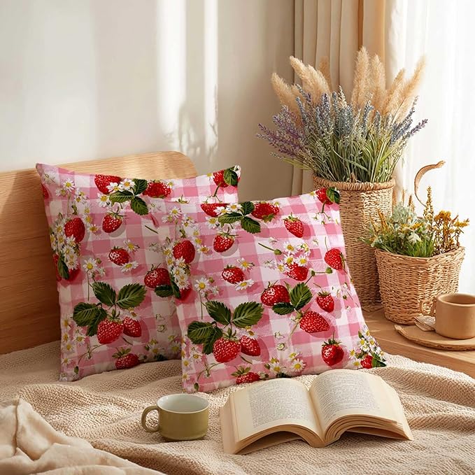 Strawberry Pink Gingham Throw Pillow Covers 18x18 Inch, Set of 2 | Square Cushion Covers for Couch & Living Room | Farmhouse Cottage Home Decor | Spring Summer Decorative Pillowcase
