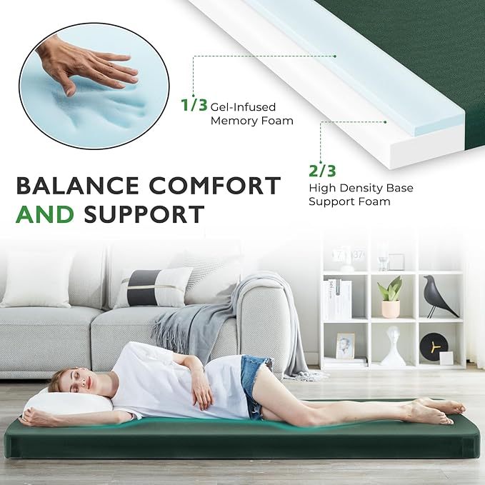 Kingfun 3 Inch CertiPUR-US Memory Foam Camping Mattress Pad, Waterproof Roll up Sleeping Pad, Thick Floor Sleeping Mats for Tent with Removable Travel Bag