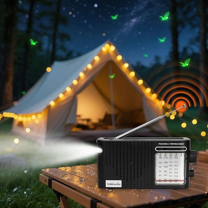Portable Weather Radio AM FM SW, Wall Plug and Battery Powered, Transistor Radio with Bluetooth, Big Speaker, Large Dial, High/Low Tone Mode, Earphone Jack, Flashlight for Home and Outdoor