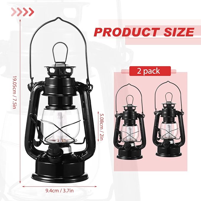 Hortsun 2 Pcs 8 Inch Vintage LED Hurricane Lantern Metal Black Outdoor Battery Operated Hanging Lantern with Warm LEDs and Dimmer Switch for Indoor Rustic Farmhouse Country Camping Decor