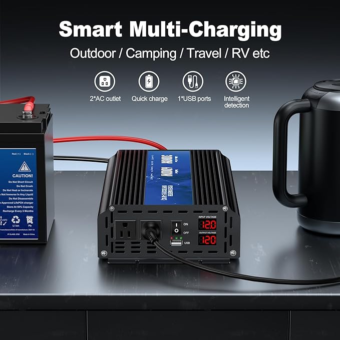 3000W Power Inverter 12V DC to 110V/120V AC Converter, 6000W Peak, LCD Display & Remote Control, Dual AC Outlets & USB Port for RV Truck Solar System, Emergency Backup, Outdoor Camping
