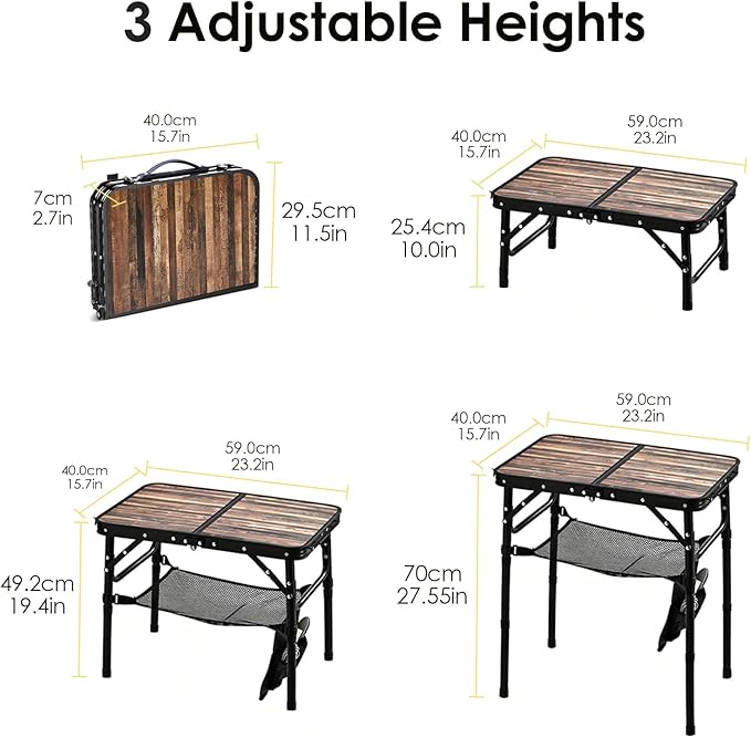 Folding Picnic Table 2ft Portable Camping Table with Extra Cloth Pouch Adjustable Heights Lightweight Aluminum Small Outdoor Card Table for Outside Indoor Camp Cooking BBQ