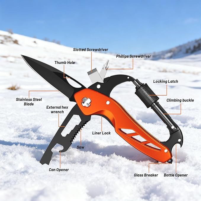 9 in 1 Multitool Carabiner Pocket Knife for Women,EDC Carabiner Knife, Bottle Opener and Screwdriver, Survival Gear for Camping Hiking Gifts for Women Stocking Stuffers Gifts for Him and Her (Orange)