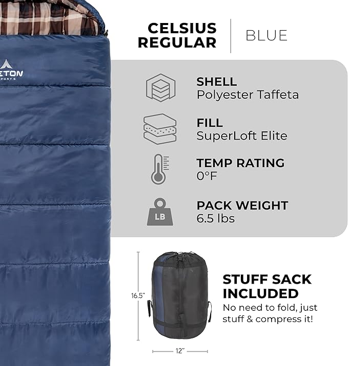 Teton Celsius XL, 25F, 20F, 0F Degree Sleeping Bags, All Weather Warm Sleeping Bag for Adults and Kids, Camping Season, Compression Sack Included