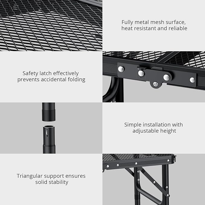 EYPINS 2ft Folding Grill Table with 3 Adjustable Heights Max 27.6'',Aluminum Heat-Resistant Cooking Camping Table,Lightweight Portable Side Table with Handle for Outside Patio BBQ,Black 22.8''x15.7''
