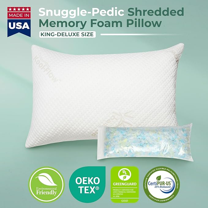 Snuggle-Pedic King Size Shredded Memory Foam Sleeping Pillow - Cooling Supportive Neck & Spine Alignment for Side Sleepers, Maternity Relief, Posture Correction & Dorm Use - USA Quality