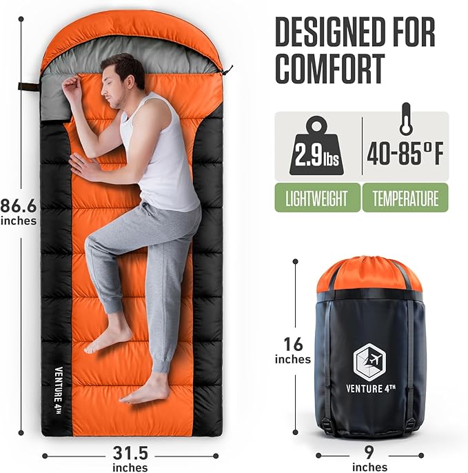 VENTURE 4TH Backpacking Sleeping Bag – XXL, Double and Single Sizes - Lightweight Warm & Cold Weather Sleeping Bags for Adults, Kids & Couples – Ideal for Hiking, Camping & Outdoor Adventures